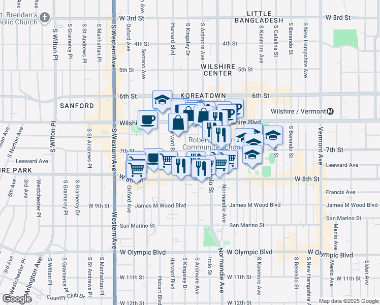 map of restaurants, bars, coffee shops, grocery stores, and more near 729 South Ardmore Avenue in Los Angeles