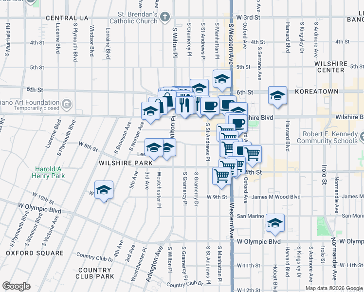 map of restaurants, bars, coffee shops, grocery stores, and more near 726 South Wilton Place in Los Angeles