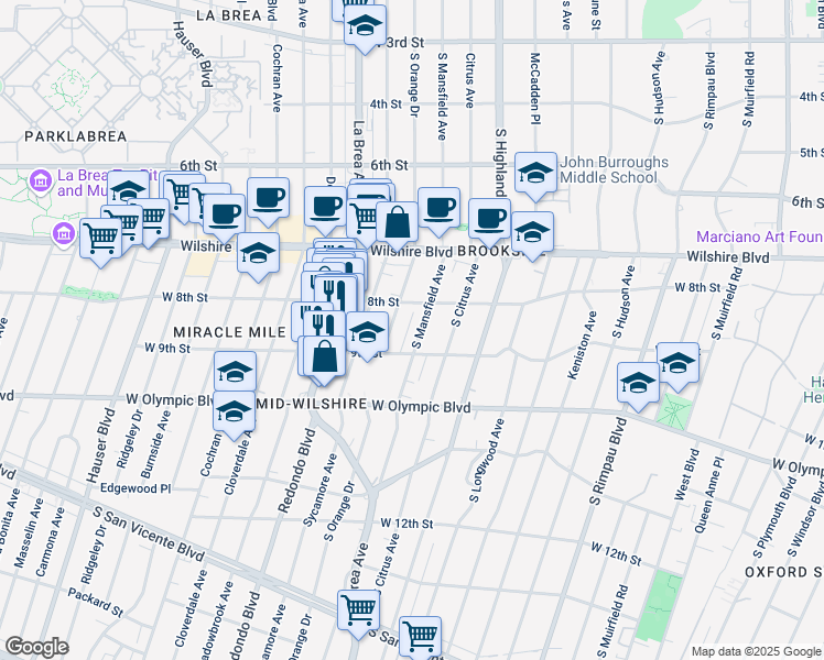 map of restaurants, bars, coffee shops, grocery stores, and more near 5215 West 9th Street in Los Angeles