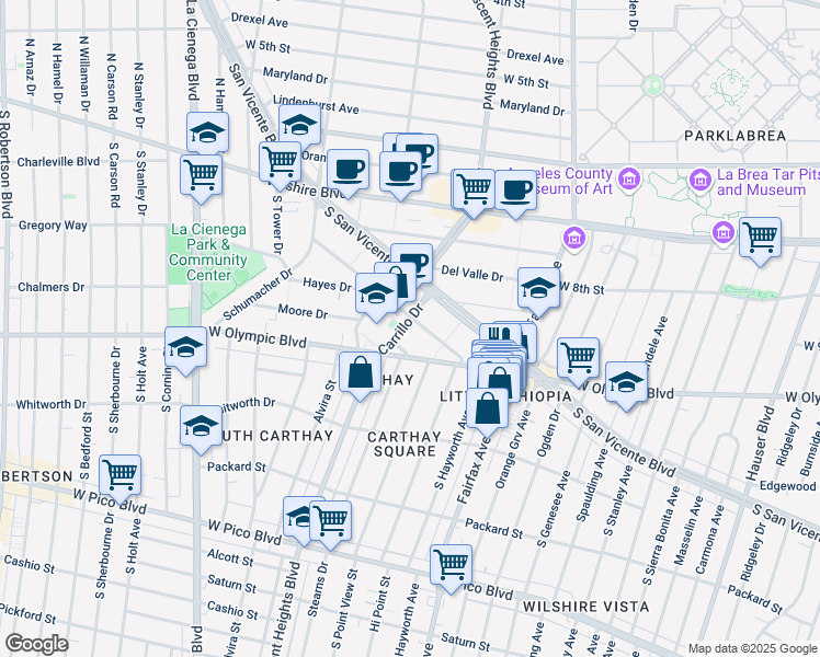 map of restaurants, bars, coffee shops, grocery stores, and more near 986 Stearns Drive in Los Angeles