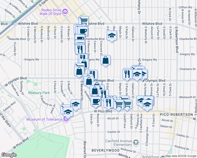 map of restaurants, bars, coffee shops, grocery stores, and more near in Beverly Hills