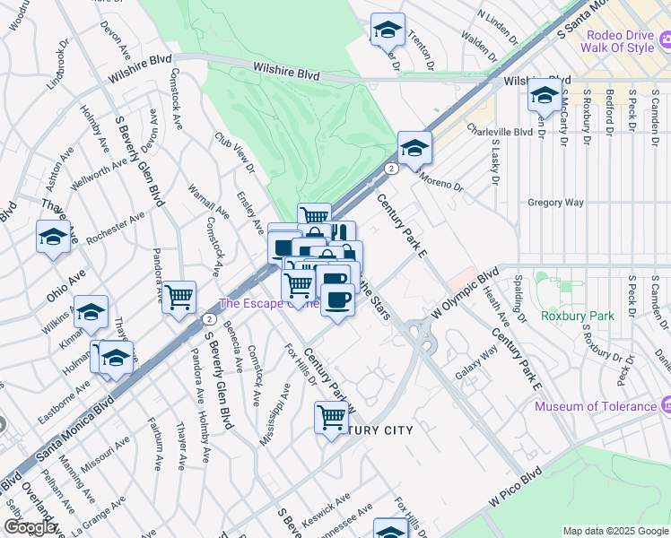 map of restaurants, bars, coffee shops, grocery stores, and more near 1999 Avenue of the Stars in Los Angeles