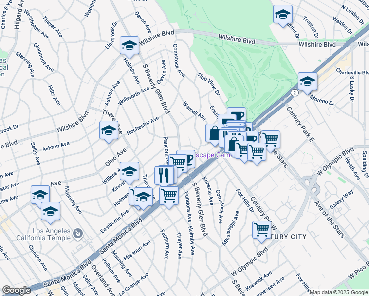 map of restaurants, bars, coffee shops, grocery stores, and more near 1616 South Beverly Glen Boulevard in Los Angeles