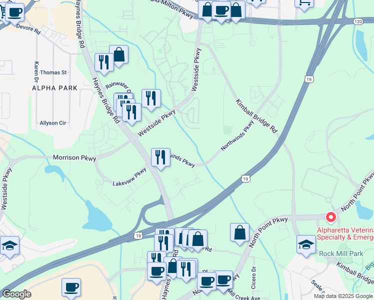 map of restaurants, bars, coffee shops, grocery stores, and more near 2520 Northwinds Parkway in Alpharetta