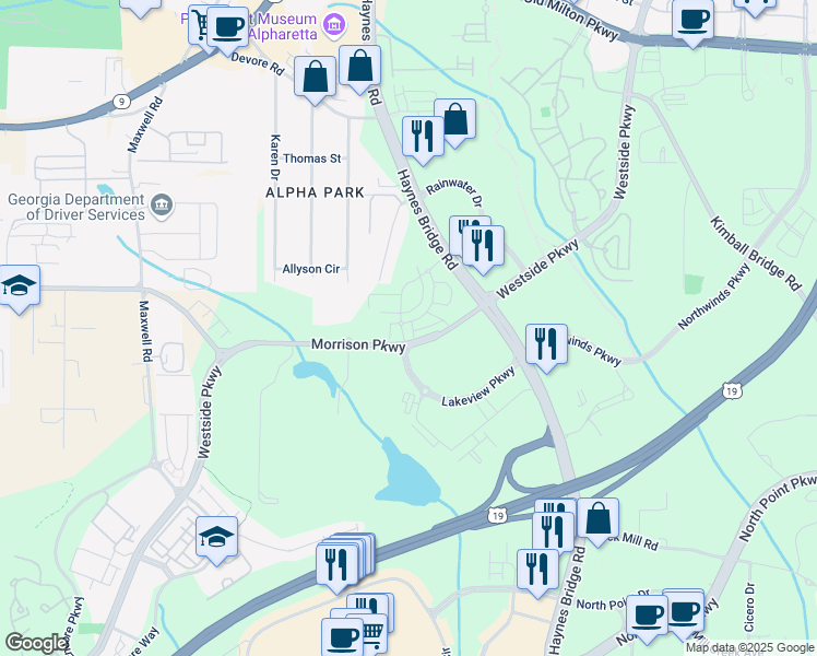 map of restaurants, bars, coffee shops, grocery stores, and more near in Alpharetta