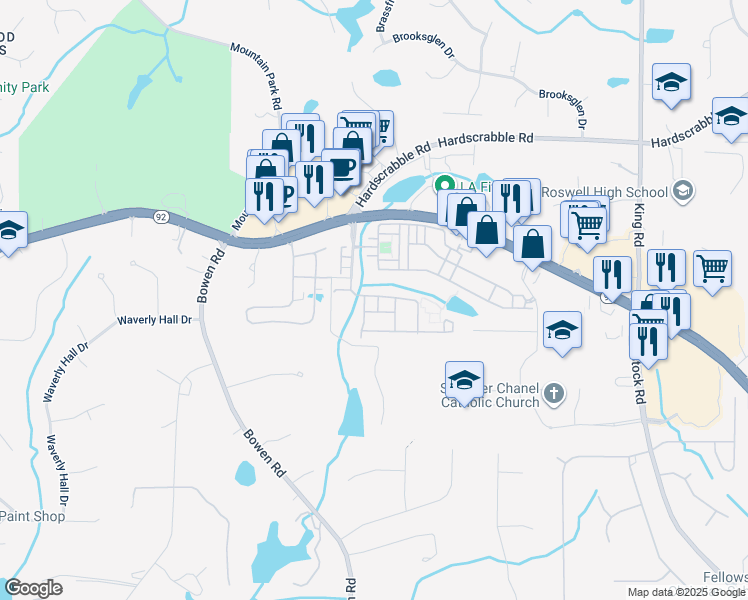 map of restaurants, bars, coffee shops, grocery stores, and more near 5106 Parkside Drive in Roswell