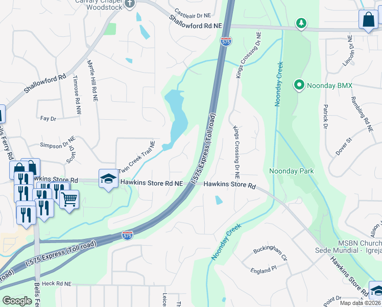 map of restaurants, bars, coffee shops, grocery stores, and more near 4403 Lakeside Hills Point Northeast in Kennesaw