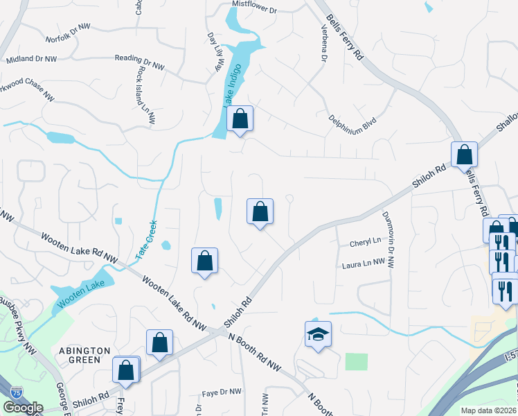 map of restaurants, bars, coffee shops, grocery stores, and more near 734 Dushea Court Northwest in Kennesaw