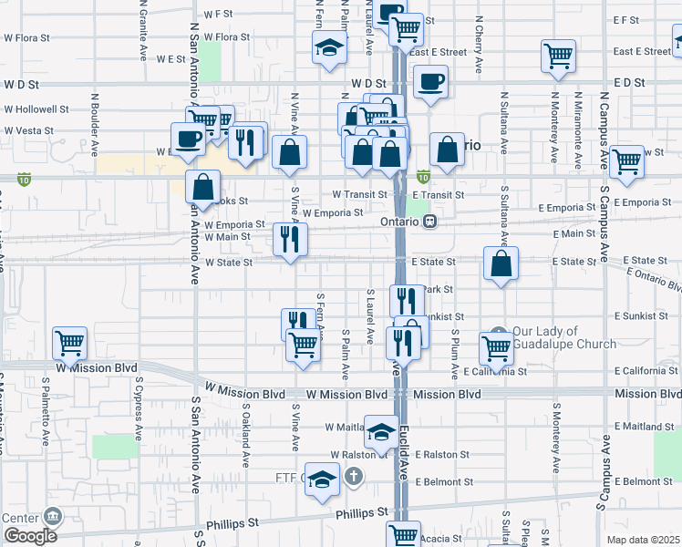 map of restaurants, bars, coffee shops, grocery stores, and more near 412 South Palm Avenue in Ontario