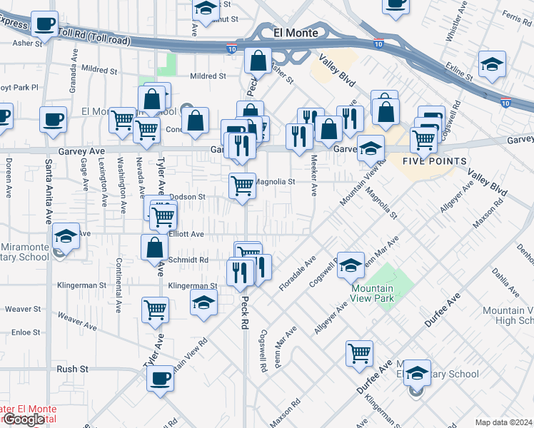 map of restaurants, bars, coffee shops, grocery stores, and more near 11331 Elliott Avenue in El Monte