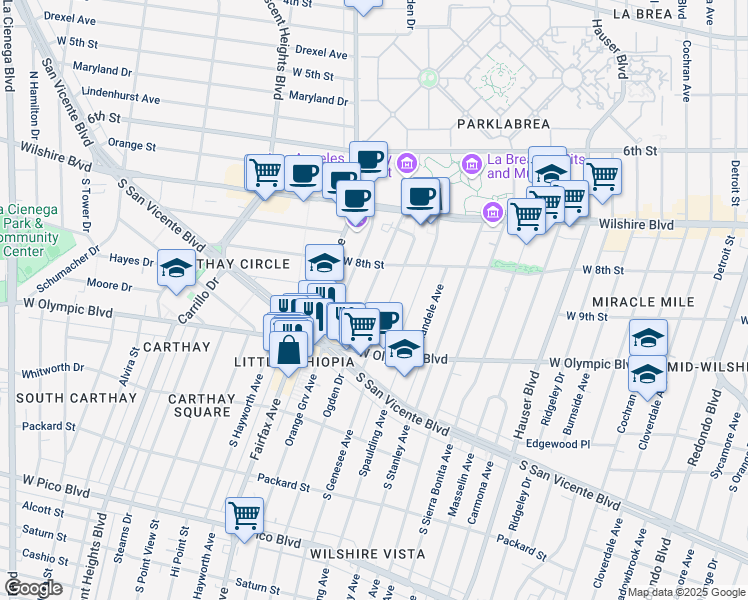 map of restaurants, bars, coffee shops, grocery stores, and more near 842 South Ogden Drive in Los Angeles
