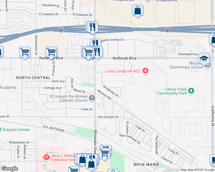 map of restaurants, bars, coffee shops, grocery stores, and more near 25803 Amapolas Street in Loma Linda