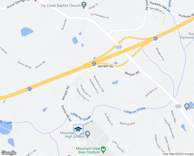 map of restaurants, bars, coffee shops, grocery stores, and more near 2587 Woodford Lane Northeast in Buford