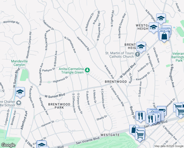 map of restaurants, bars, coffee shops, grocery stores, and more near 162 North Carmelina Avenue in Los Angeles