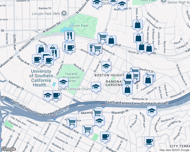 map of restaurants, bars, coffee shops, grocery stores, and more near 1458 Ricardo Street in Los Angeles