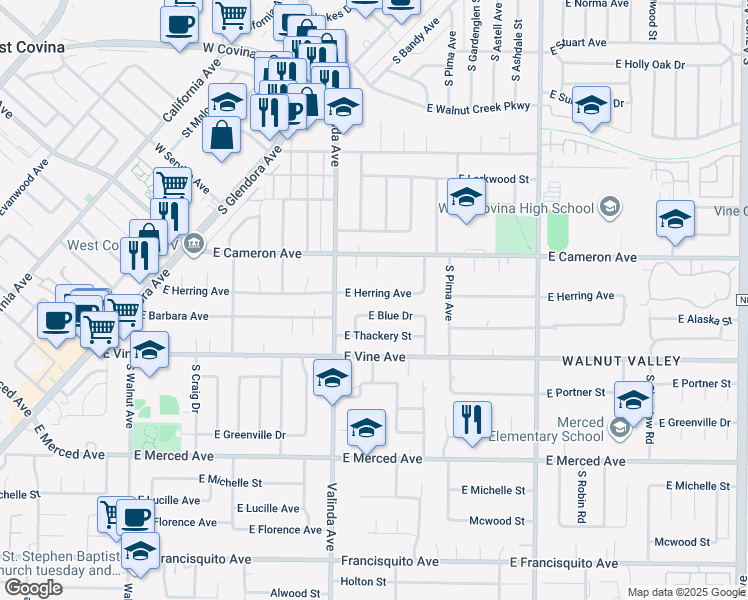 map of restaurants, bars, coffee shops, grocery stores, and more near 1038 East Herring Avenue in West Covina