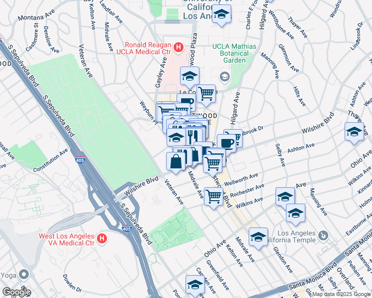 map of restaurants, bars, coffee shops, grocery stores, and more near 1122 Gayley Avenue in Los Angeles