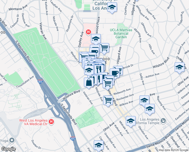 map of restaurants, bars, coffee shops, grocery stores, and more near 1122 Gayley Avenue in Los Angeles