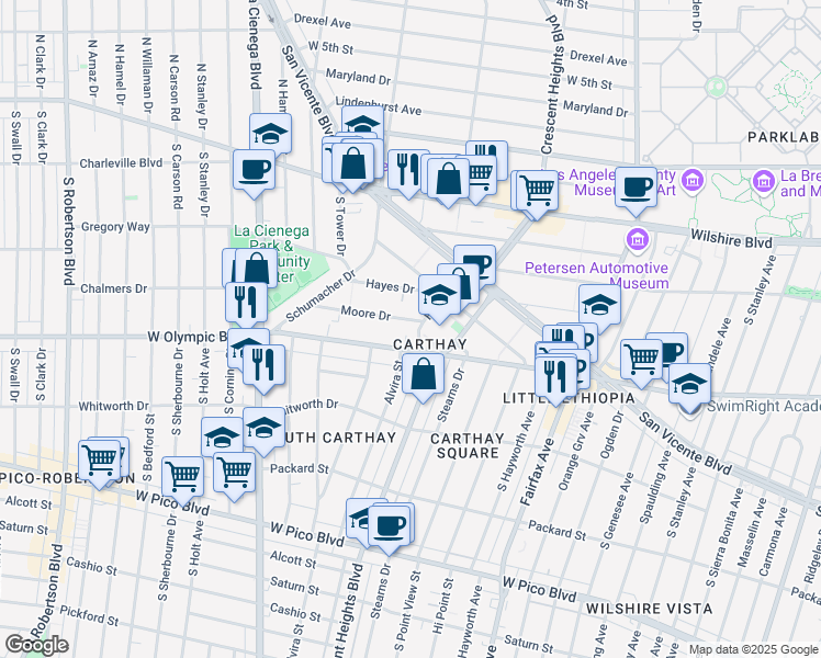 map of restaurants, bars, coffee shops, grocery stores, and more near 6414 Moore Drive in Los Angeles