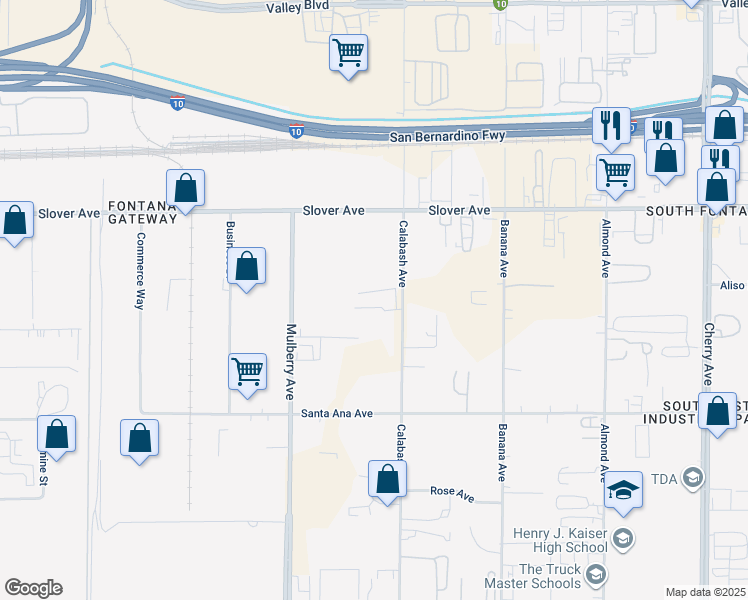 map of restaurants, bars, coffee shops, grocery stores, and more near 10672 Calabash Avenue in Fontana