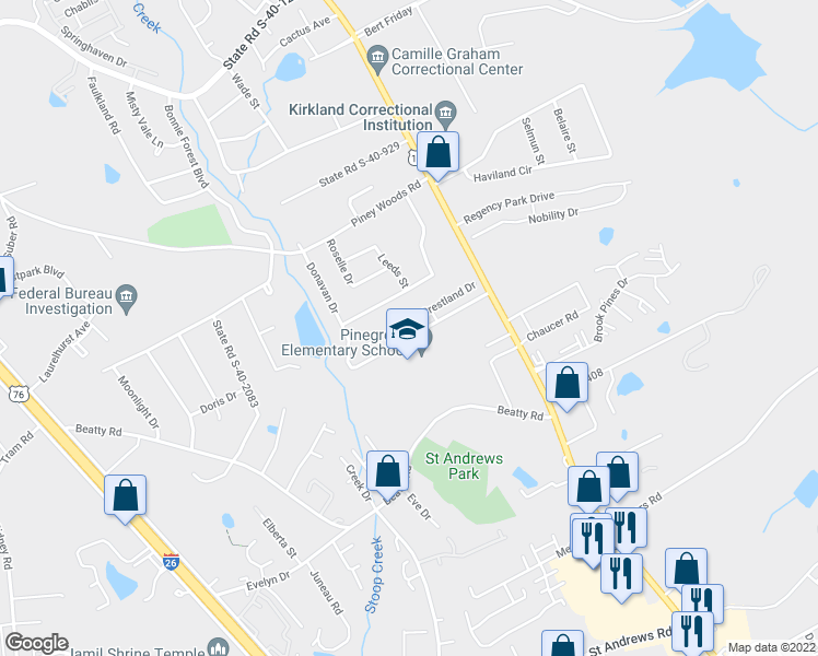 map of restaurants, bars, coffee shops, grocery stores, and more near 159 Crestland Drive in Columbia