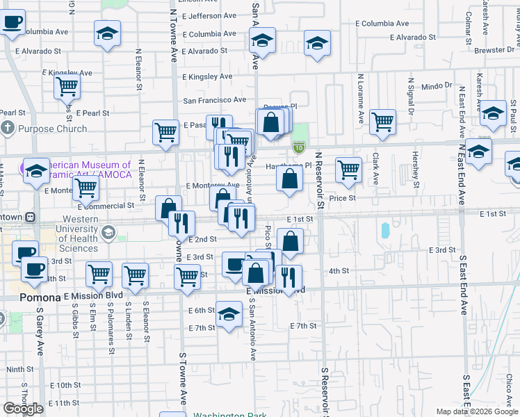 map of restaurants, bars, coffee shops, grocery stores, and more near 142 South San Antonio Avenue in Pomona