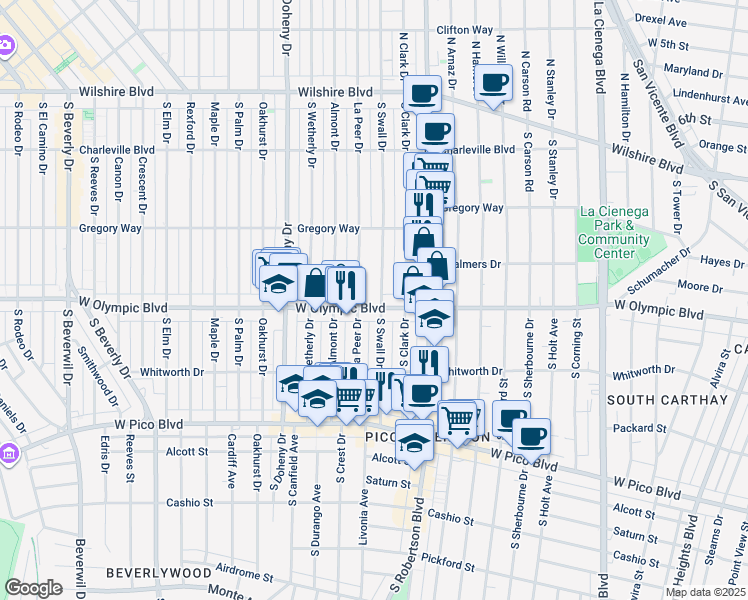 map of restaurants, bars, coffee shops, grocery stores, and more near 8906 West Olympic Boulevard in Beverly Hills