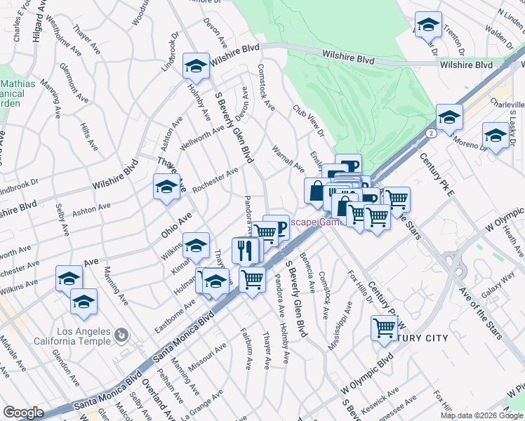 map of restaurants, bars, coffee shops, grocery stores, and more near 1616 South Beverly Glen Boulevard in Los Angeles
