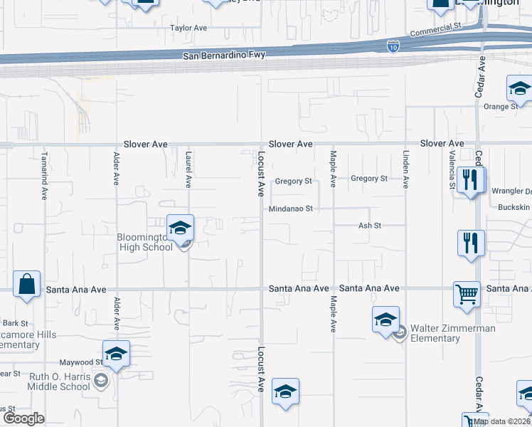 map of restaurants, bars, coffee shops, grocery stores, and more near 18109 Ash Street in Bloomington
