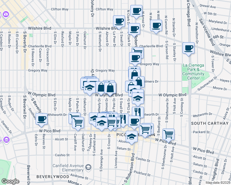 map of restaurants, bars, coffee shops, grocery stores, and more near 8906 West Olympic Boulevard in Beverly Hills