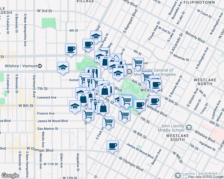 map of restaurants, bars, coffee shops, grocery stores, and more near 2424 Wilshire Boulevard in Los Angeles