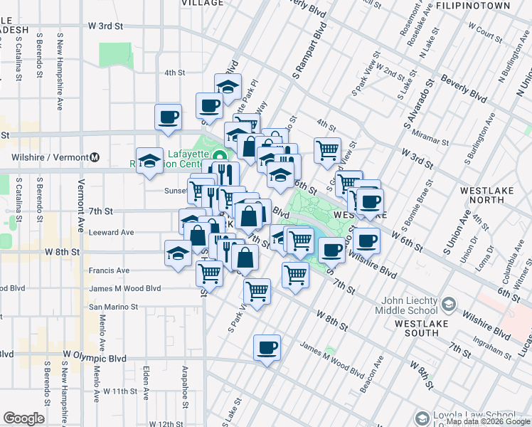 map of restaurants, bars, coffee shops, grocery stores, and more near 2424 Wilshire Boulevard in Los Angeles