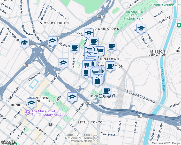 map of restaurants, bars, coffee shops, grocery stores, and more near 649 North Spring Street in Los Angeles