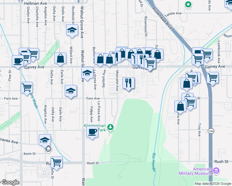 map of restaurants, bars, coffee shops, grocery stores, and more near 2621 Muscatel Avenue in Rosemead