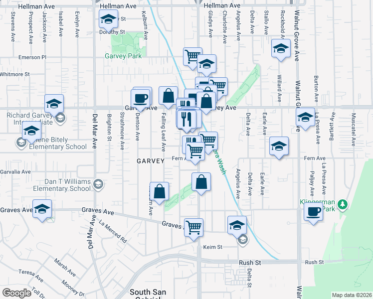 map of restaurants, bars, coffee shops, grocery stores, and more near 8114 Newmark Avenue in Rosemead