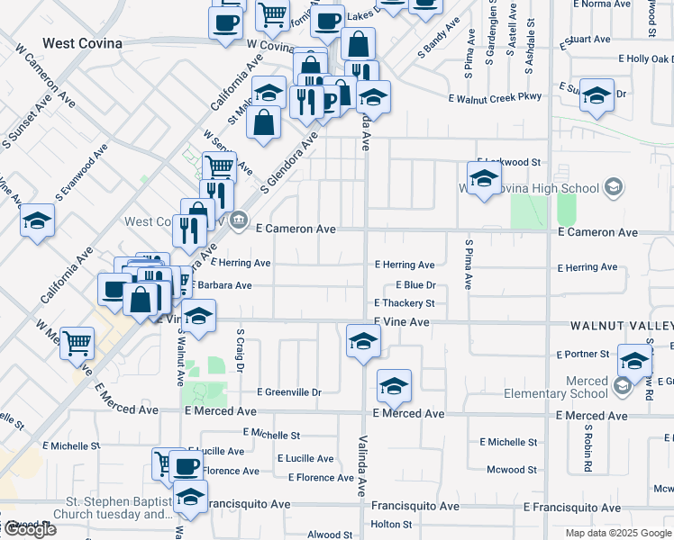 map of restaurants, bars, coffee shops, grocery stores, and more near 920 East Herring Avenue in West Covina