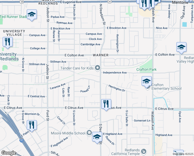 map of restaurants, bars, coffee shops, grocery stores, and more near 340 Mitchell Way in Redlands
