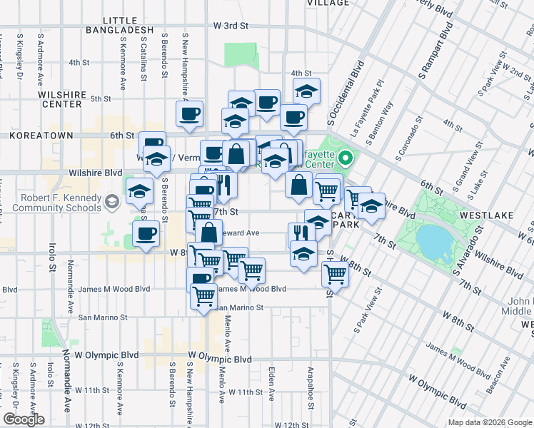 map of restaurants, bars, coffee shops, grocery stores, and more near 2968 West 7th Street in Los Angeles
