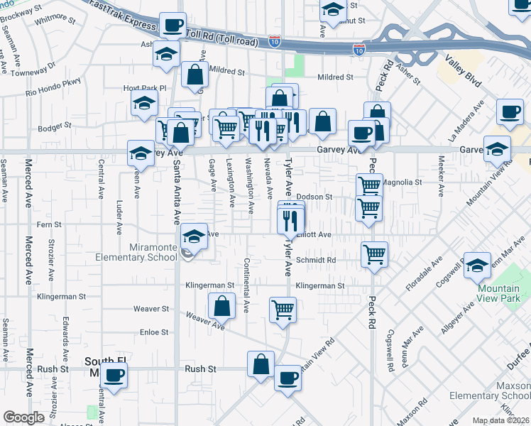 map of restaurants, bars, coffee shops, grocery stores, and more near 2608 Nevada Avenue in El Monte