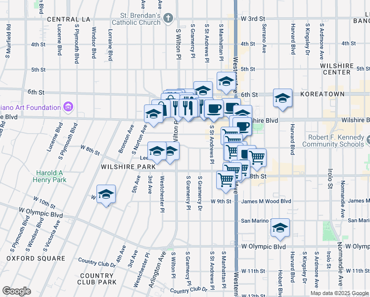 map of restaurants, bars, coffee shops, grocery stores, and more near 726 South Wilton Place in Los Angeles