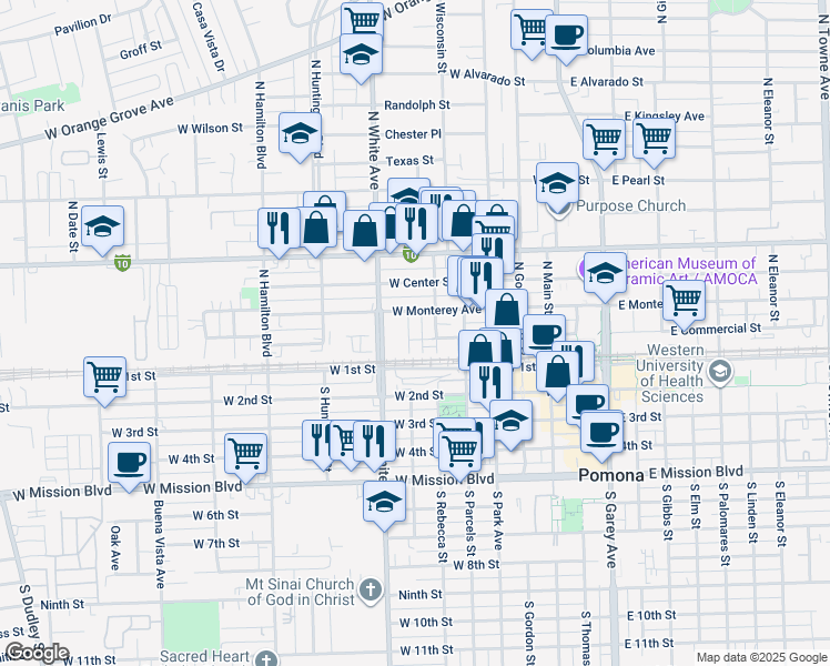 map of restaurants, bars, coffee shops, grocery stores, and more near 150 North Cypress Street in Pomona