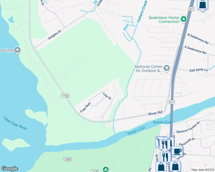 map of restaurants, bars, coffee shops, grocery stores, and more near 9333 Line Drive in Wilmington