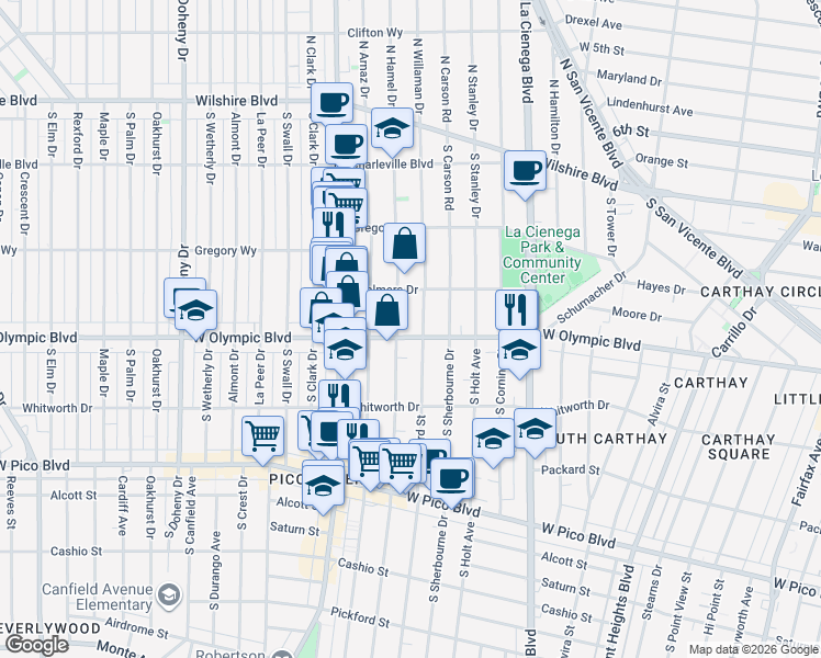 map of restaurants, bars, coffee shops, grocery stores, and more near 1007 South Shenandoah Street in Los Angeles