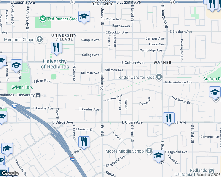 map of restaurants, bars, coffee shops, grocery stores, and more near 450 Judson Street in Redlands