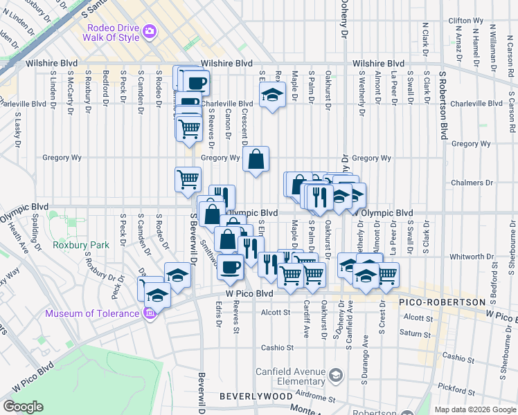 map of restaurants, bars, coffee shops, grocery stores, and more near 9330 West Olympic Boulevard in Beverly Hills