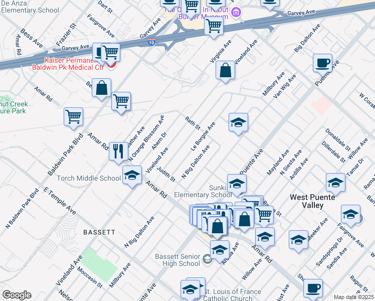 map of restaurants, bars, coffee shops, grocery stores, and more near 1003 Le Borgne Avenue in West Puente Valley