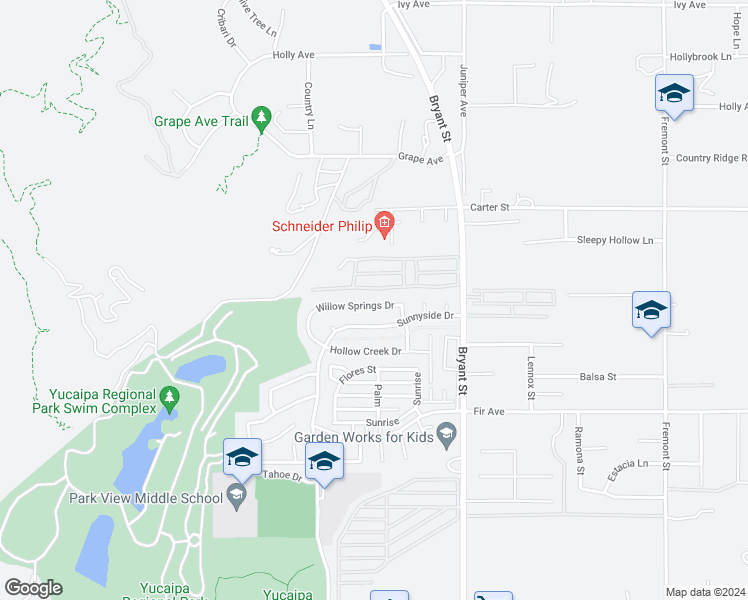 map of restaurants, bars, coffee shops, grocery stores, and more near 35124 Willow Springs Drive in Yucaipa