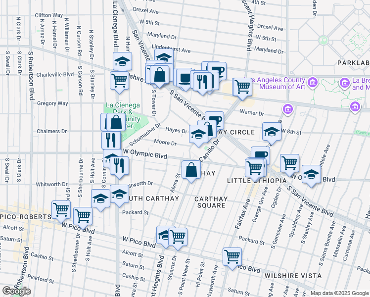 map of restaurants, bars, coffee shops, grocery stores, and more near 6414 Moore Drive in Los Angeles