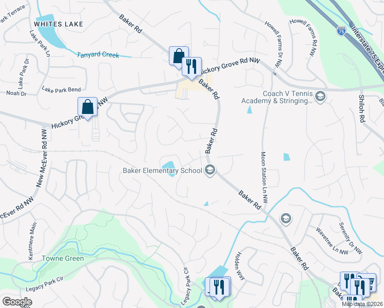 map of restaurants, bars, coffee shops, grocery stores, and more near 4452 Lockett Trce in Acworth