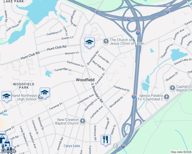 map of restaurants, bars, coffee shops, grocery stores, and more near 2300 East Boundary Road in Columbia